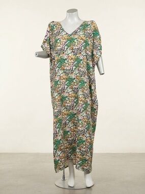 Boho Kaftan Maxi Dress One Size NWOT Green Purple Gold Abstract Print Viscose